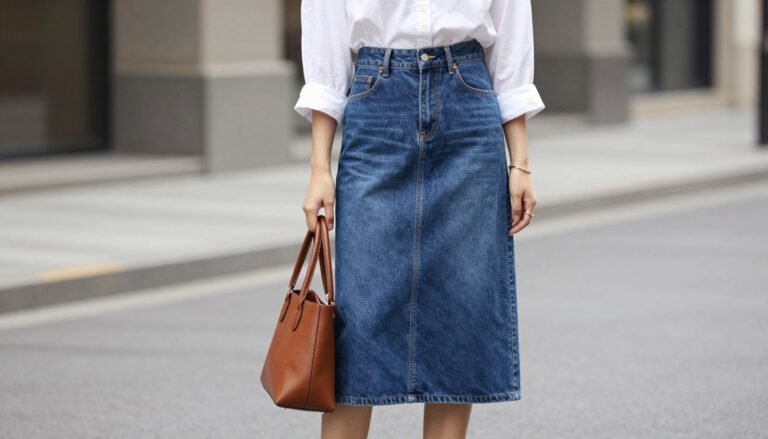Woman wearing a classic denim midi skirt paired with a white button-down shirt and ankle boots, showcasing a versatile denim skirt outfit