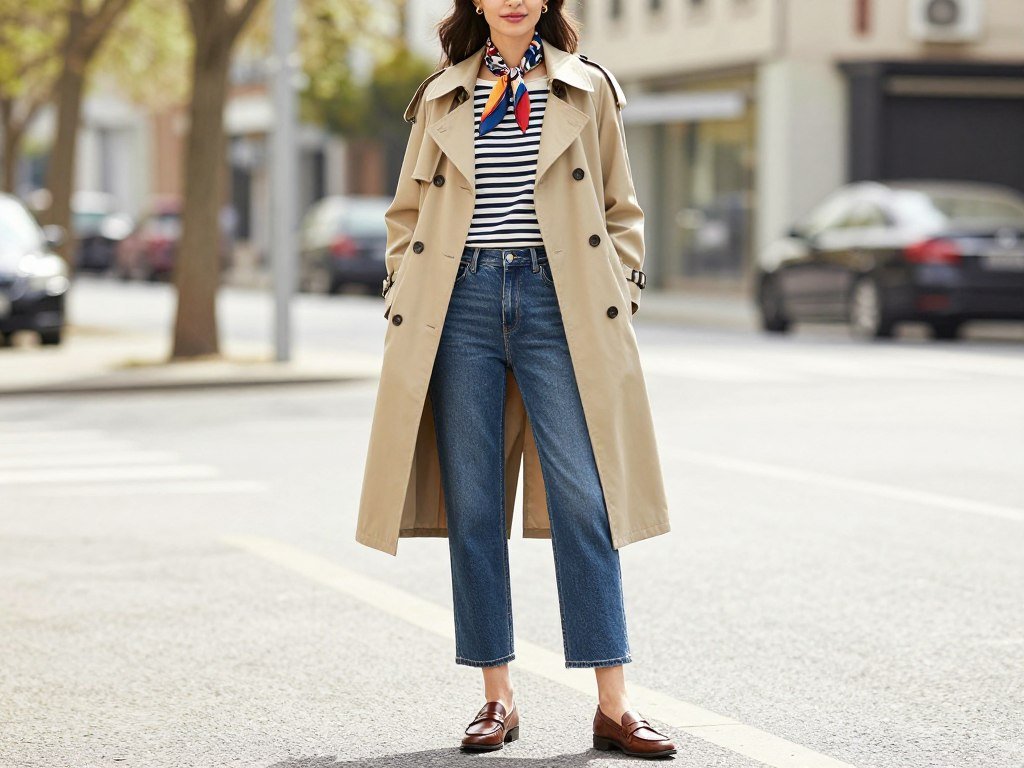 Woman wearing a classic trench coat outfit for early spring