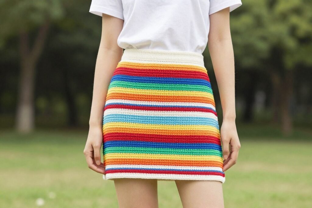 Woman wearing a colorful crochet mini skirt with a simple white top