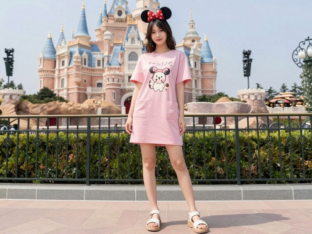 Woman wearing a comfortable t-shirt dress with pockets and mouse ears at Disney park