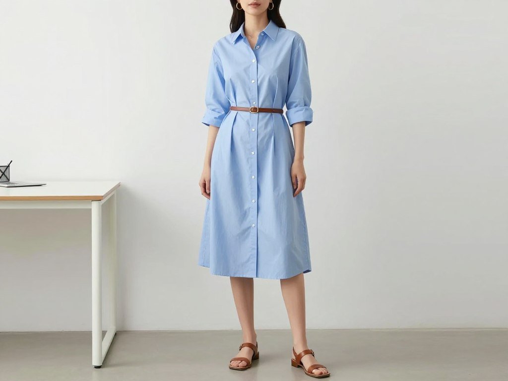 Woman wearing a cotton poplin shirt dress with a thin belt and minimalist sandals