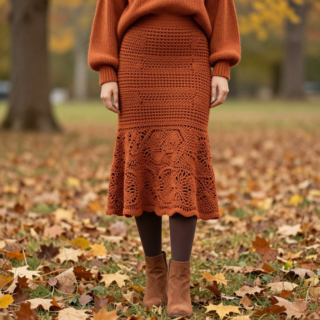 Woman wearing a crochet skirt with boots and sweater for fall
