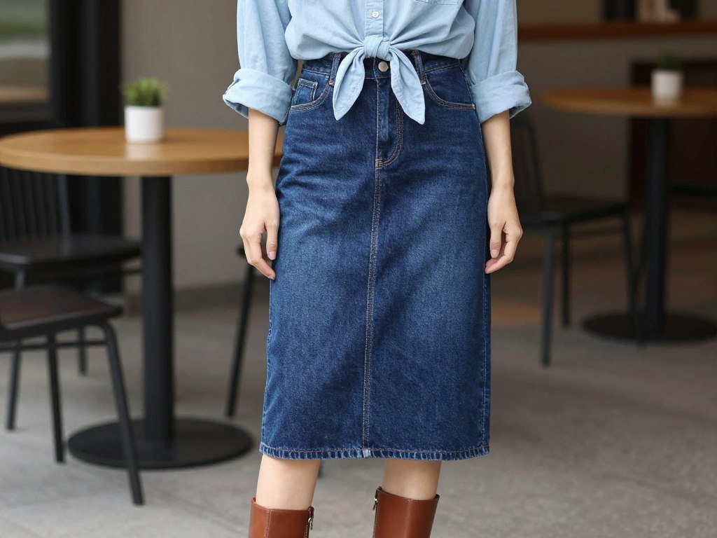 Woman wearing a dark denim skirt with a light chambray shirt tied at the waist and ankle boots
