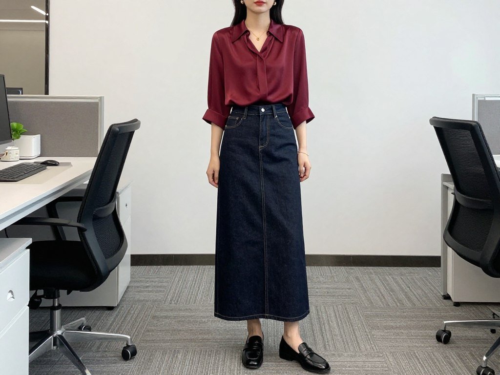 Woman wearing a dark maxi jean skirt with a silk blouse and loafers in an office environment