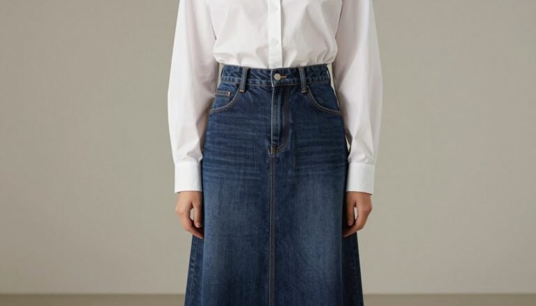 Woman wearing a dark wash denim maxi skirt paired with a white button-down shirt and minimal accessories