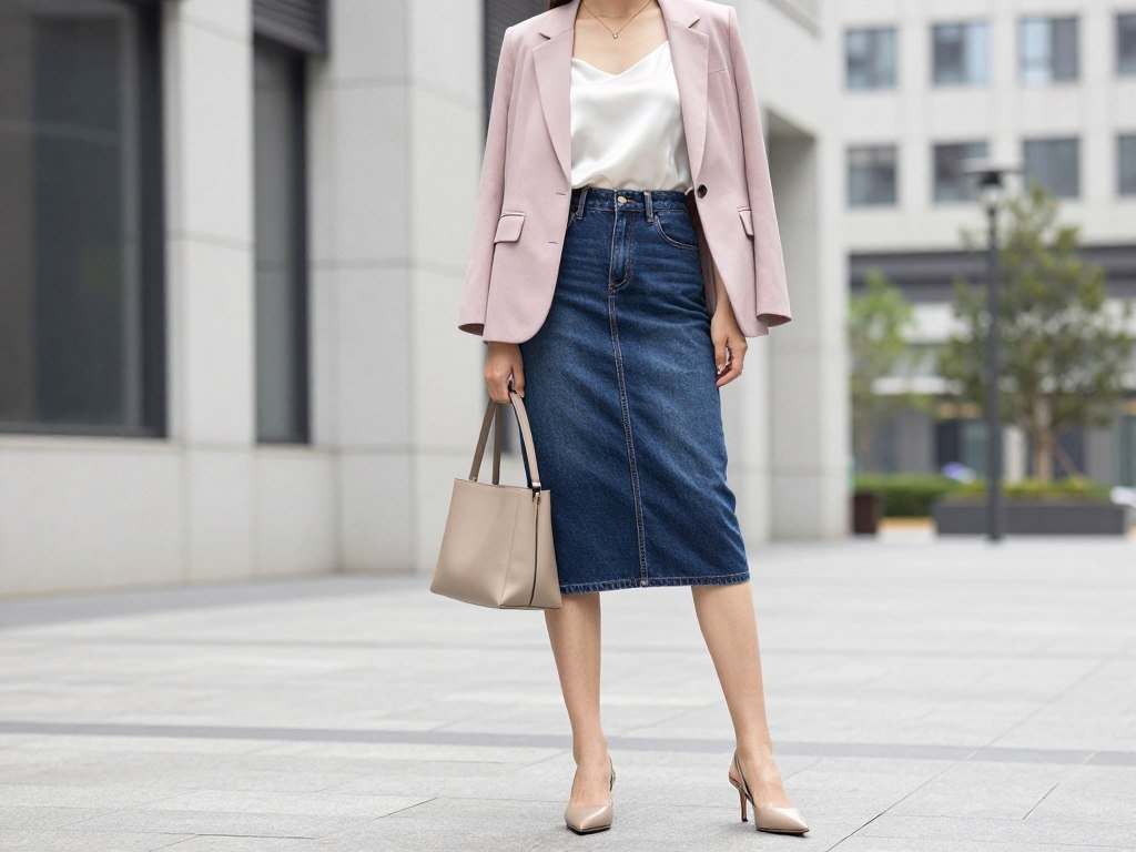 Woman wearing a dark wash denim midi skirt with a tailored blazer, silk camisole, and pointed heels for a sophisticated summer city outfit