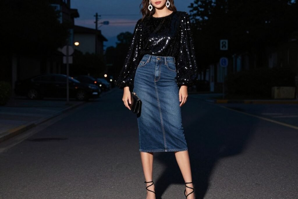 Woman wearing a dark wash jean skirt with a sequined top and strappy heels