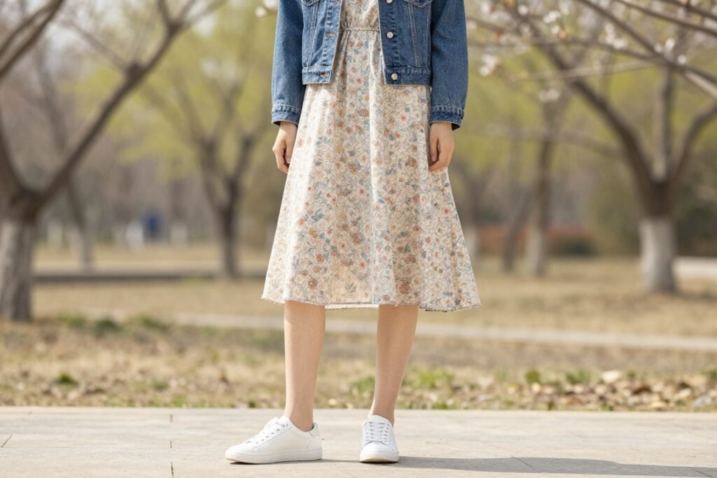 Woman wearing a denim jacket over a floral midi dress for early spring