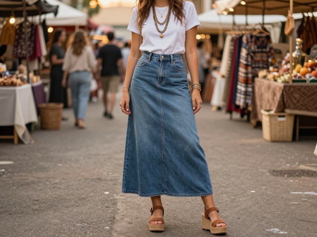 Woman wearing a denim maxi skirt outfit with a fitted t-shirt and platform sandals
