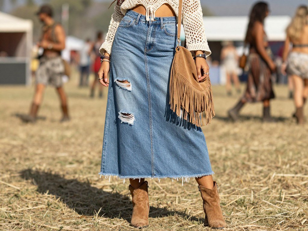 Woman wearing a denim maxi skirt with a crochet top and fringe bag for a festival-ready look