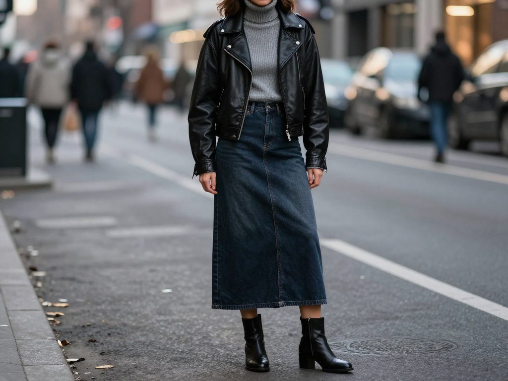 Woman wearing a denim maxi skirt with a leather jacket and boots for an edgy winter look