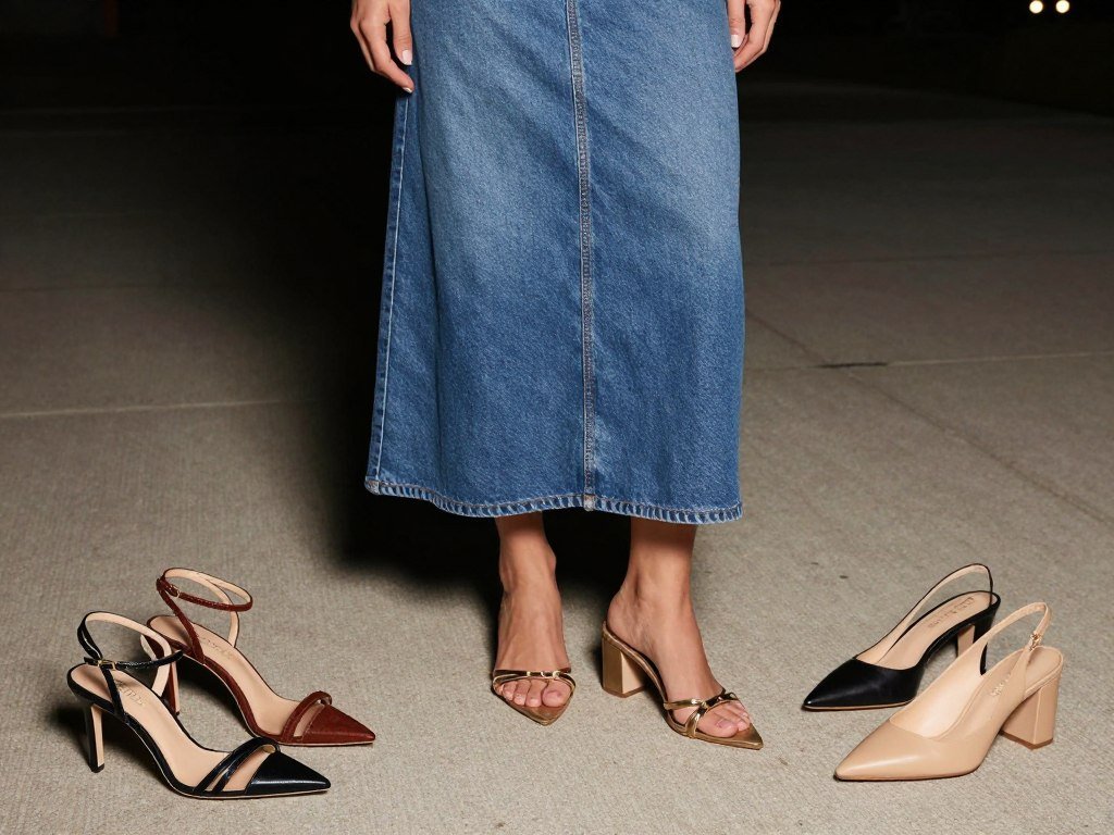 Woman wearing a denim maxi skirt with elegant heels for dressy occasions
