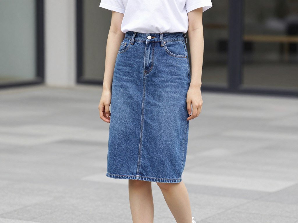 Woman wearing a denim midi skirt with a white t-shirt and sneakers