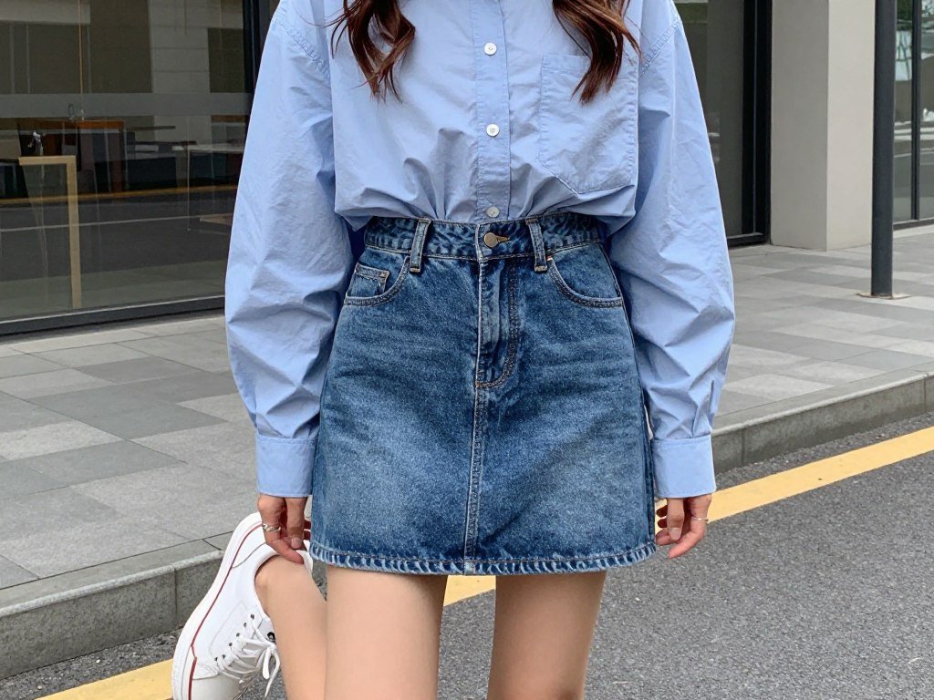 Woman wearing a denim mini skirt outfit with a tucked-in button-down shirt and white sneakers