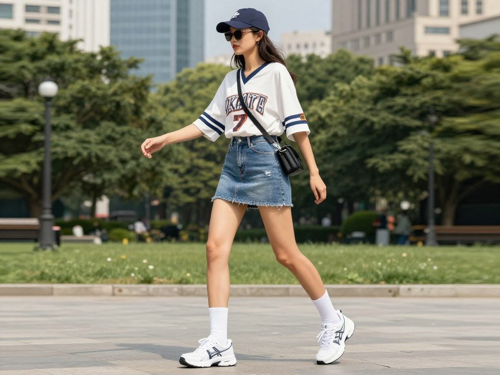 Woman wearing a denim mini skirt with a vintage sports jersey, white sneakers, and athletic-inspired accessories for a summer athleisure outfit