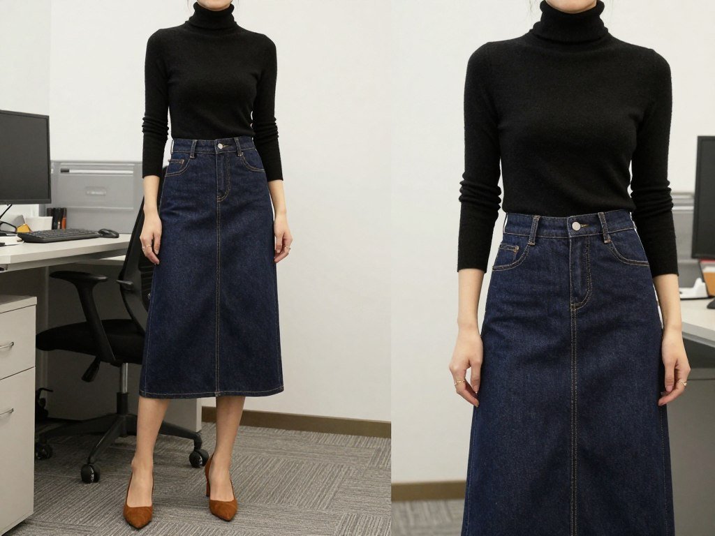 Woman wearing a denim skirt outfit with a black turtleneck sweater and suede block heel pumps