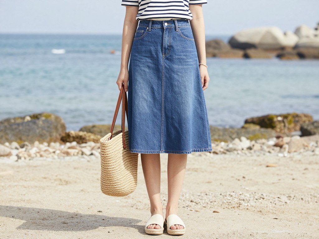 Woman wearing a denim skirt outfit with a navy striped Breton top and espadrille sandals