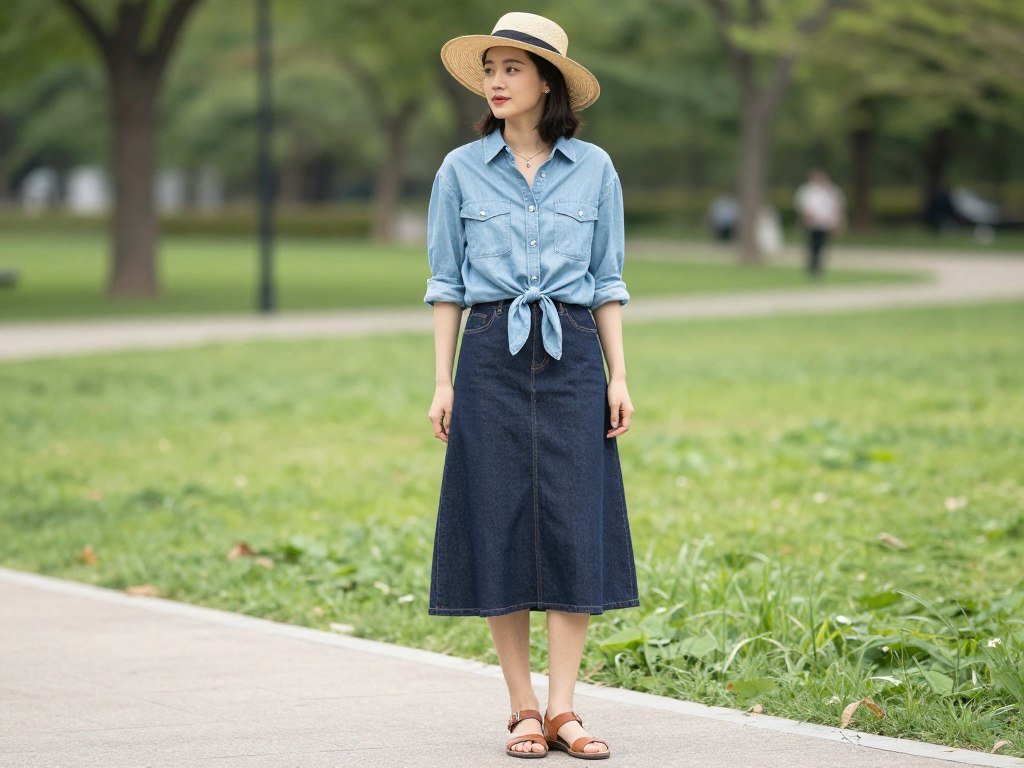 Woman wearing a denim skirt with a chambray button-up shirt tied at the waist for a summer outfit