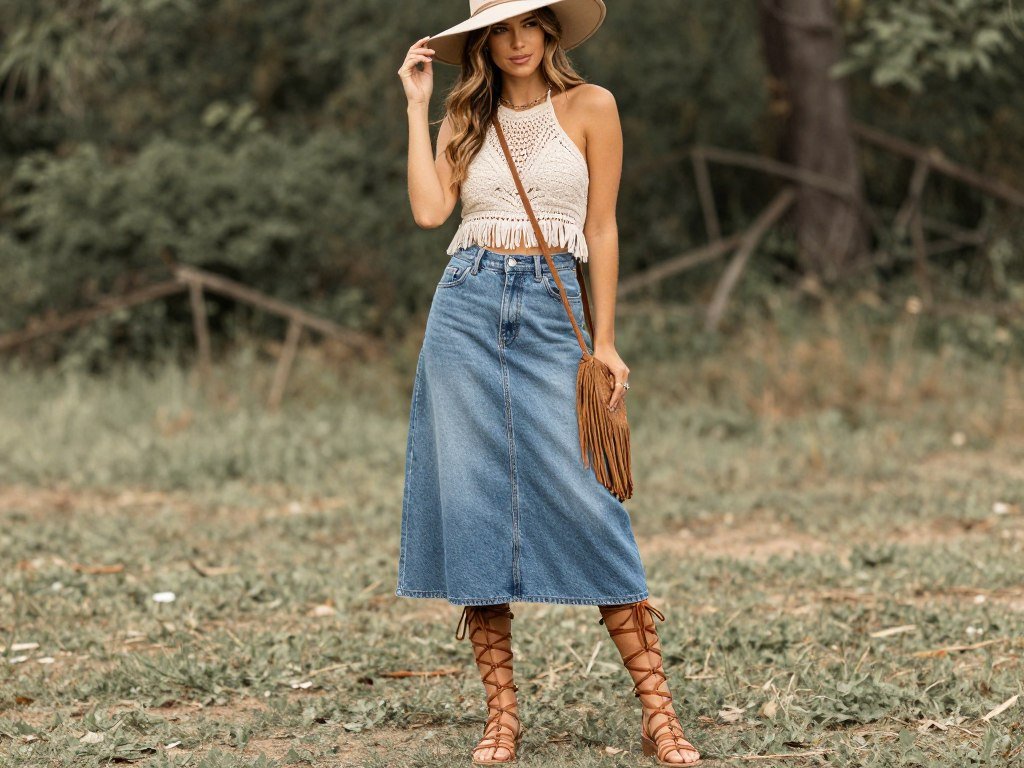 Woman wearing a denim skirt with a crochet halter top and gladiator sandals for a boho summer outfit