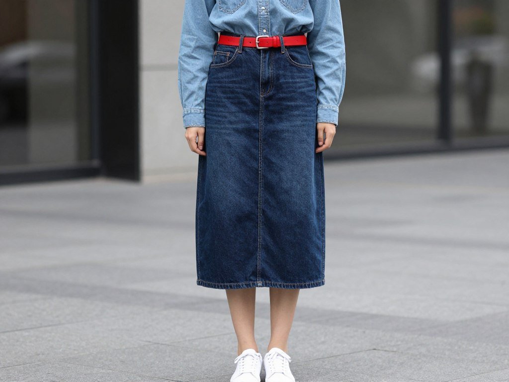 Woman wearing a denim skirt with a denim shirt separated by a bright red belt and white sneakers