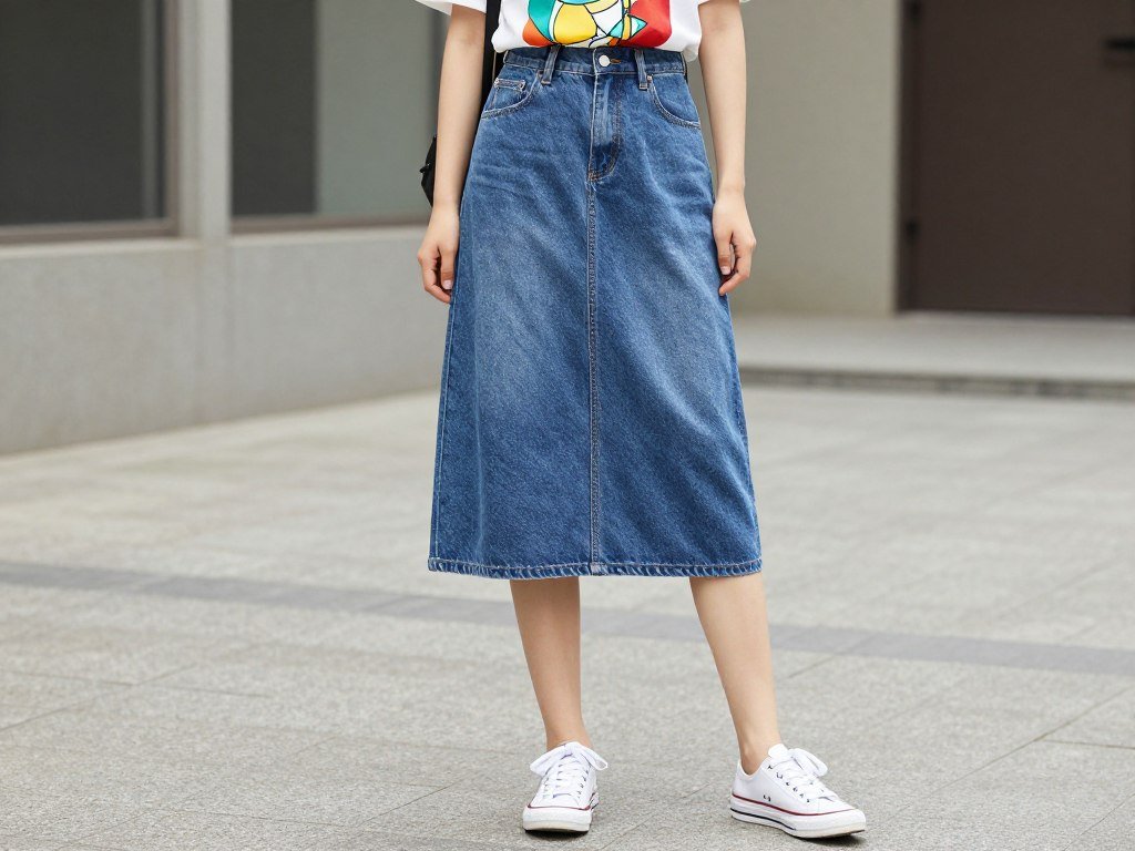 Woman wearing a denim skirt with a graphic tee and canvas sneakers for a casual summer outfit