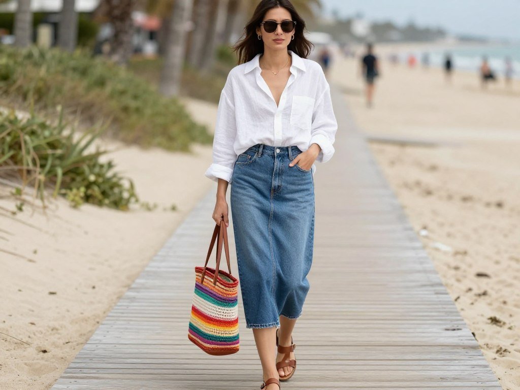 Woman wearing a denim skirt with a loose linen button-up shirt and sandals for a beach outfit