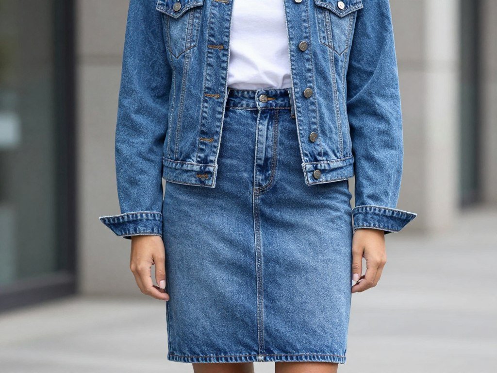 Woman wearing a denim skirt with a matching denim jacket in the same wash for a monochromatic look