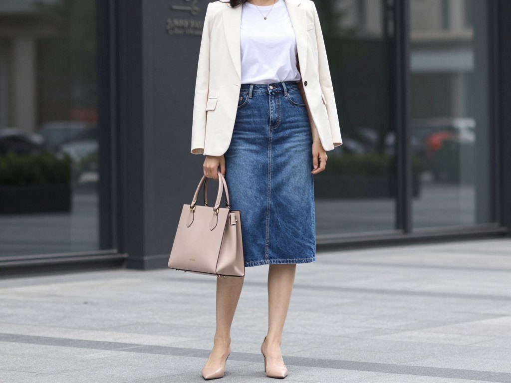Woman wearing a denim skirt with a structured blazer and heeled mules for a polished summer outfit