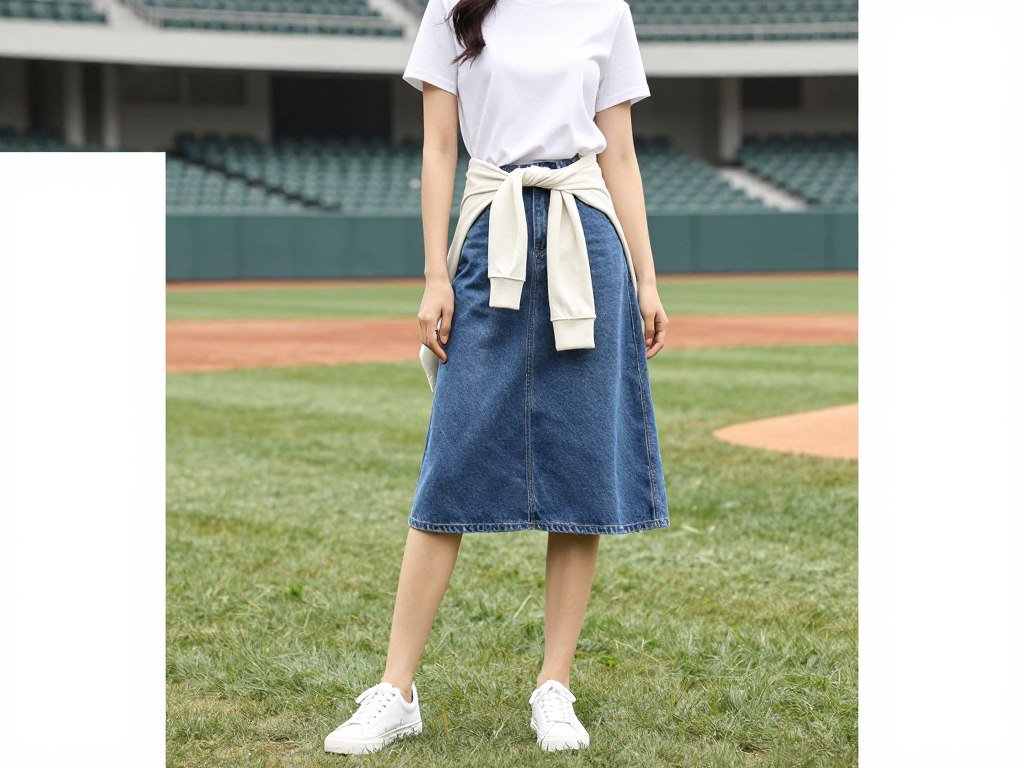 Woman wearing a denim skirt with a team t-shirt and sneakers for a cute baseball game outfit