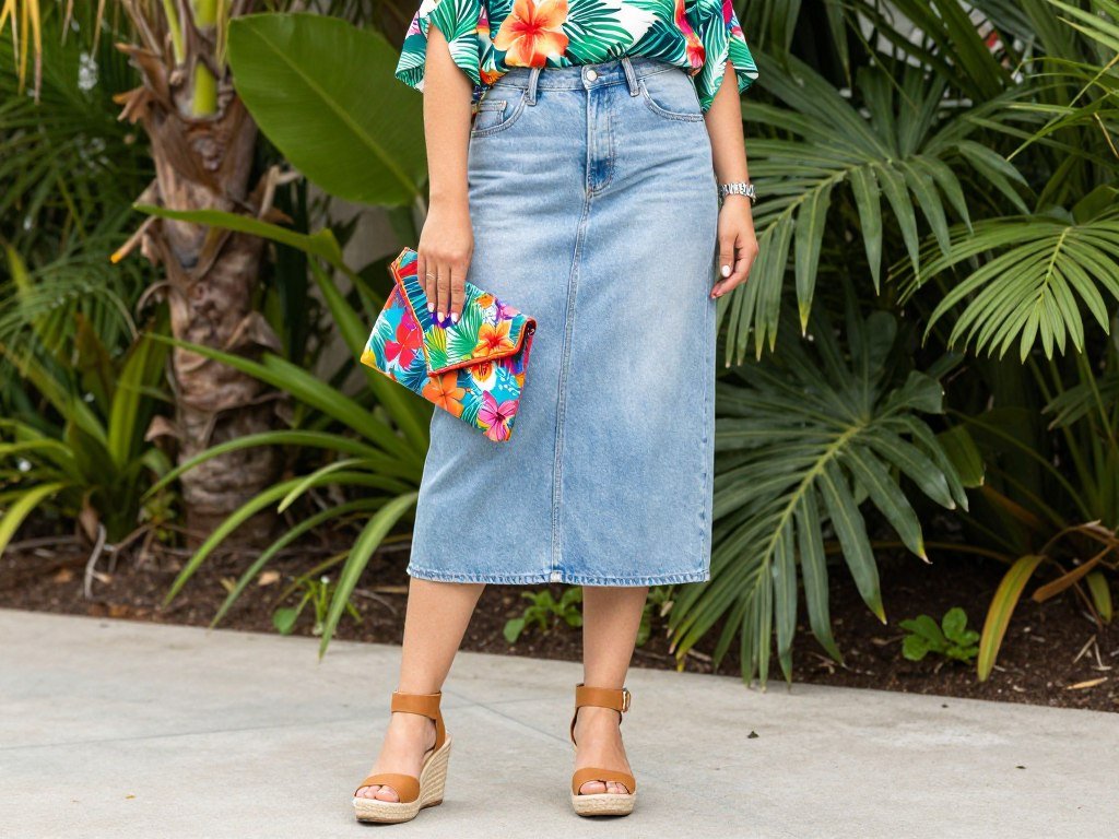 Woman wearing a denim skirt with a tropical print top and espadrille wedges for a summer outfit