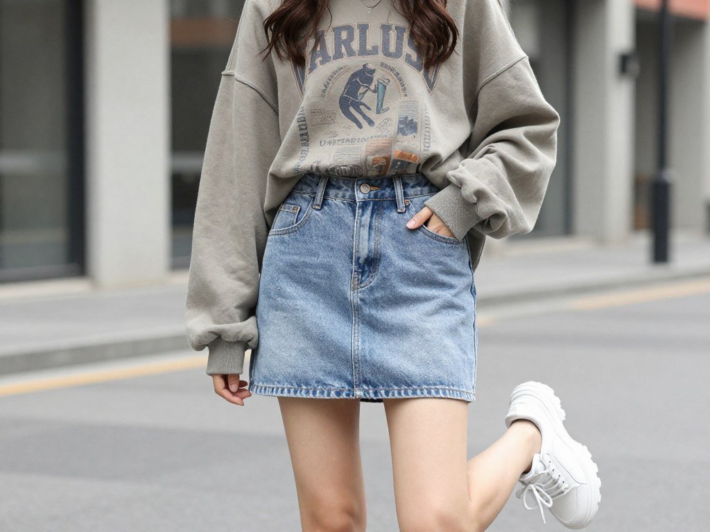 Woman wearing a denim skirt with an oversized graphic sweatshirt and chunky sneakers in an urban setting