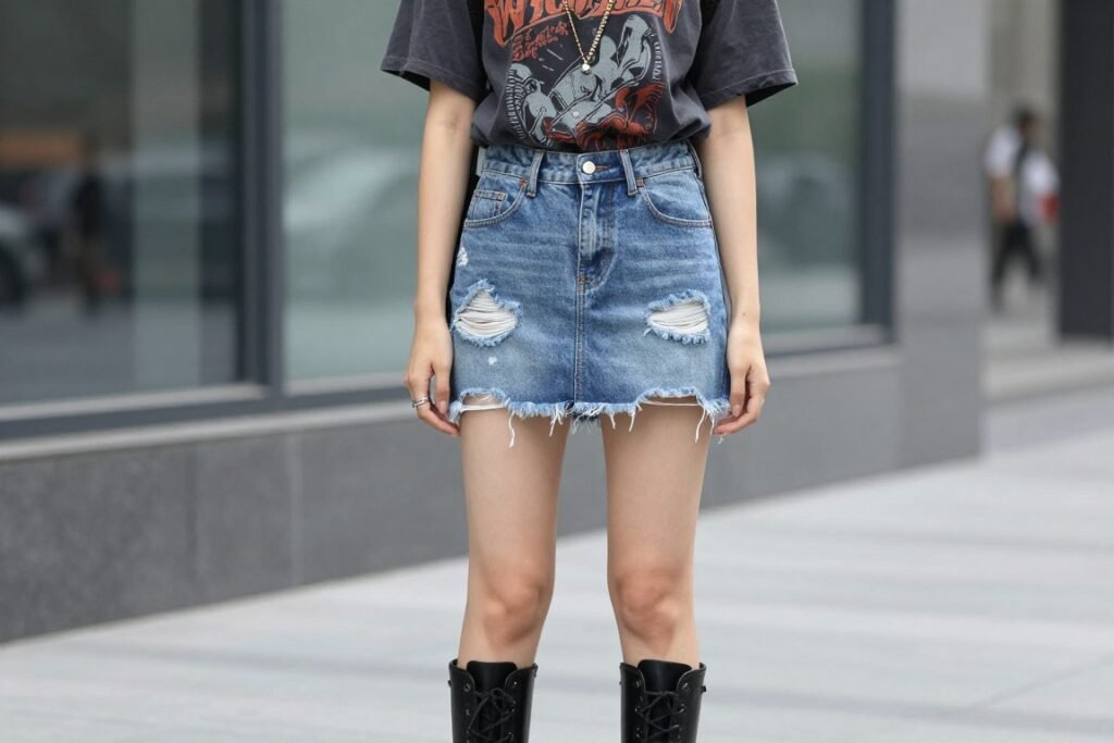 Woman wearing a distressed jean skirt with a graphic tee and combat boots