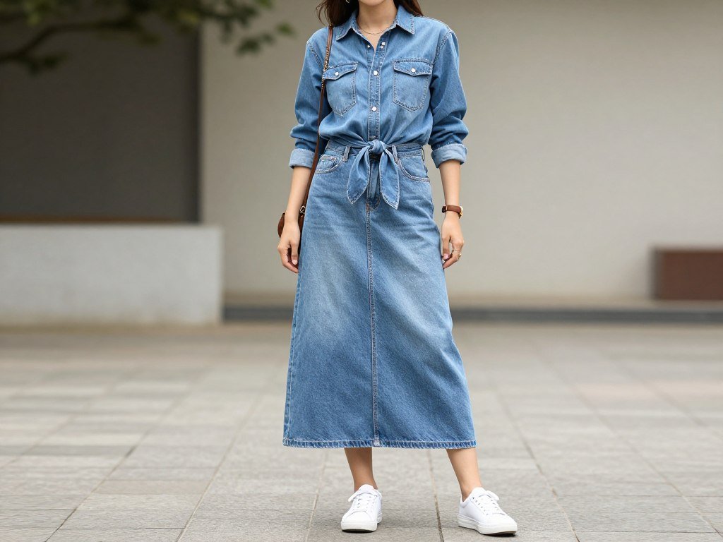 Woman wearing a double denim outfit with a long denim skirt and matching denim shirt