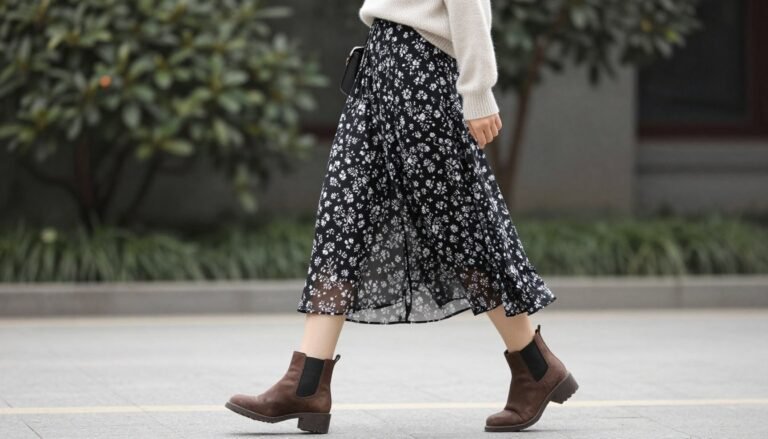 Woman wearing a floral maxi skirt with a light sweater for spring