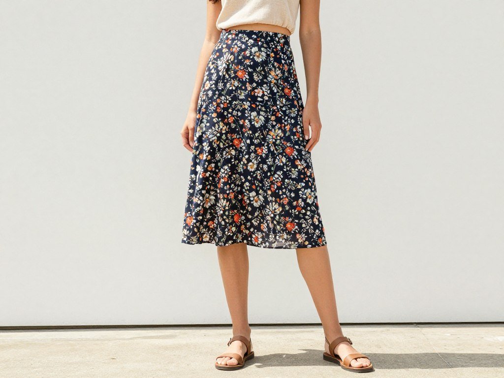 Woman wearing a floral midi skirt with a crop top and sandals in summer