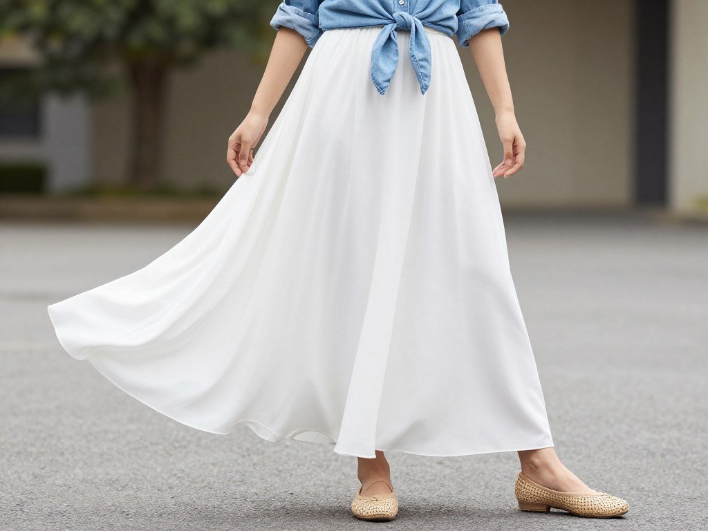Woman wearing a flowing white maxi skirt with a light denim shirt tied at the waist, wearing woven ballet flats