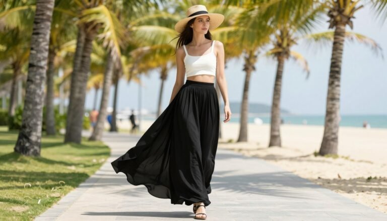 Woman wearing a flowy black maxi skirt with a white crop top at a beach during summer