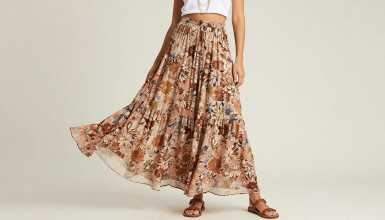 Woman wearing a flowy floral long skirt paired with a white crop top and layered necklaces for a bohemian long skirt outfit