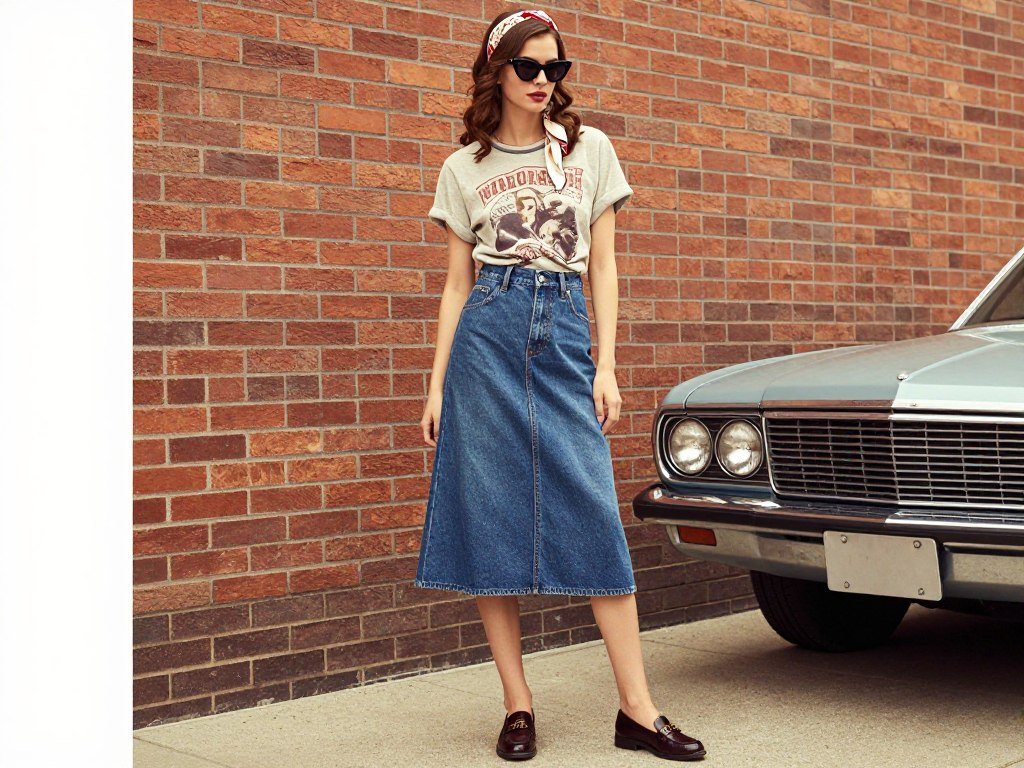 Woman wearing a high-waisted denim midi skirt with a tucked-in band tee, cat-eye sunglasses, and loafers for a vintage-inspired summer outfit