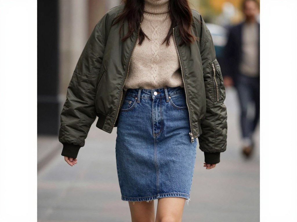 Woman wearing a high-waisted jean skirt with a cropped sweater and bomber jacket for fall