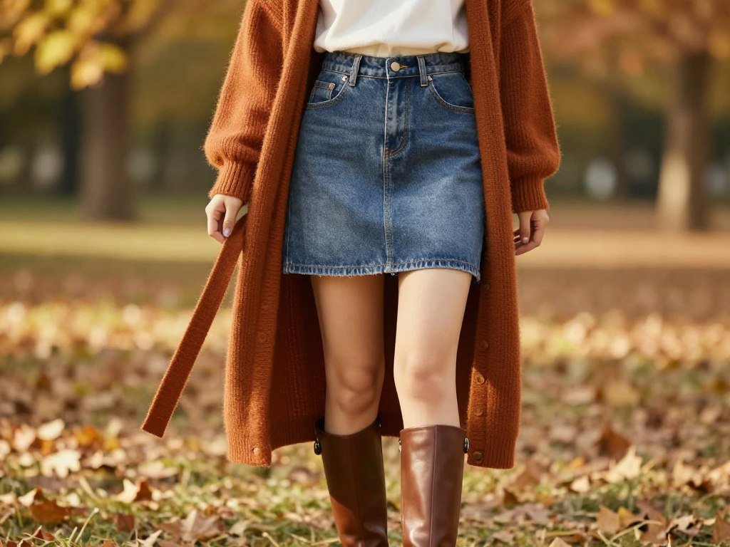 Woman wearing a jean skirt with a belted long cardigan and knee-high boots for fall