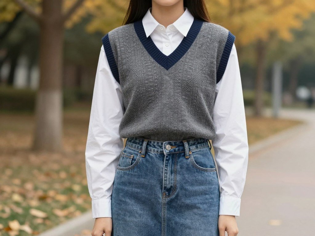 Woman wearing a jean skirt with a button-down shirt layered under a sweater vest for fall