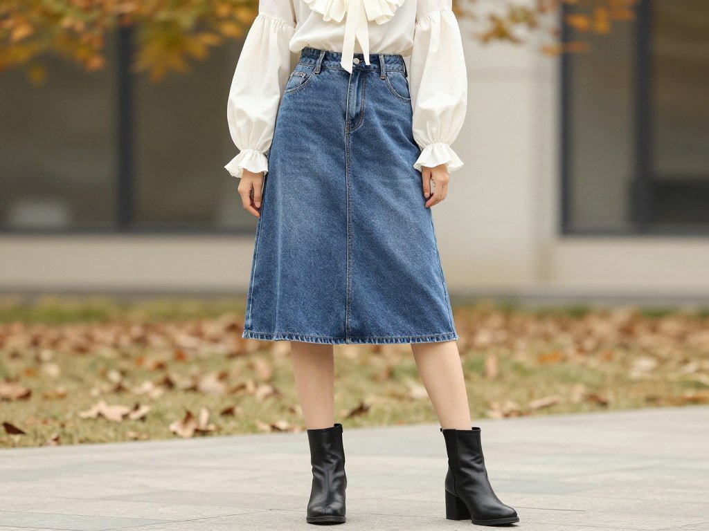 Woman wearing a jean skirt with a feminine blouse and heeled booties for fall
