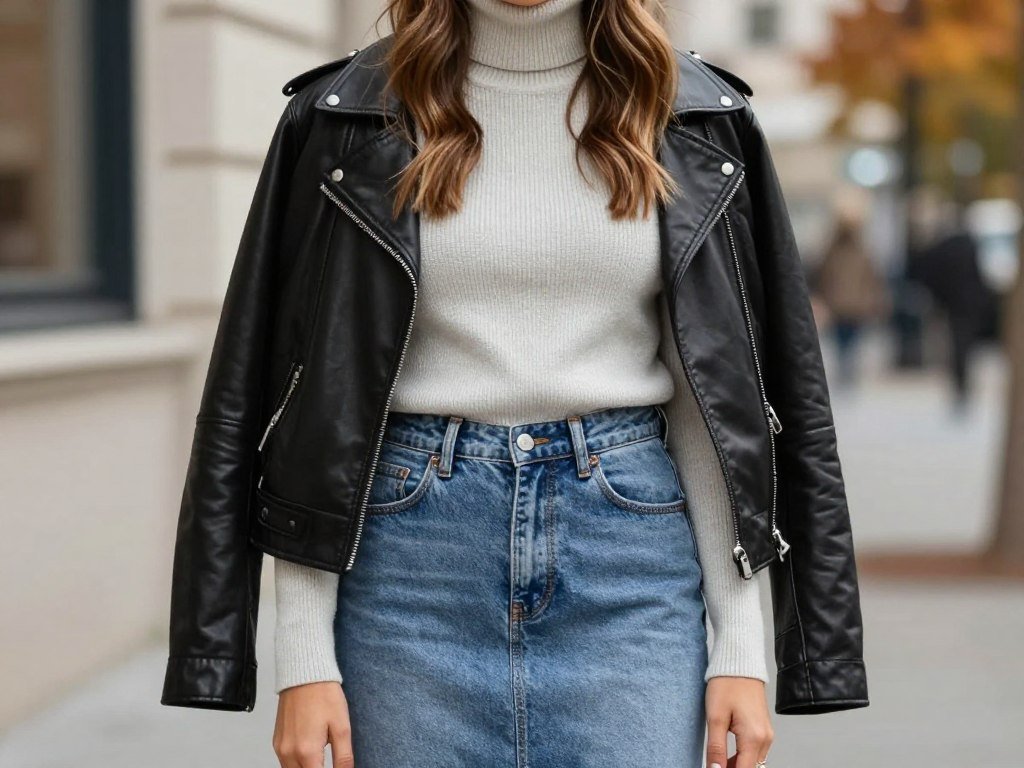 Woman wearing a jean skirt with a fitted turtleneck and leather jacket for fall