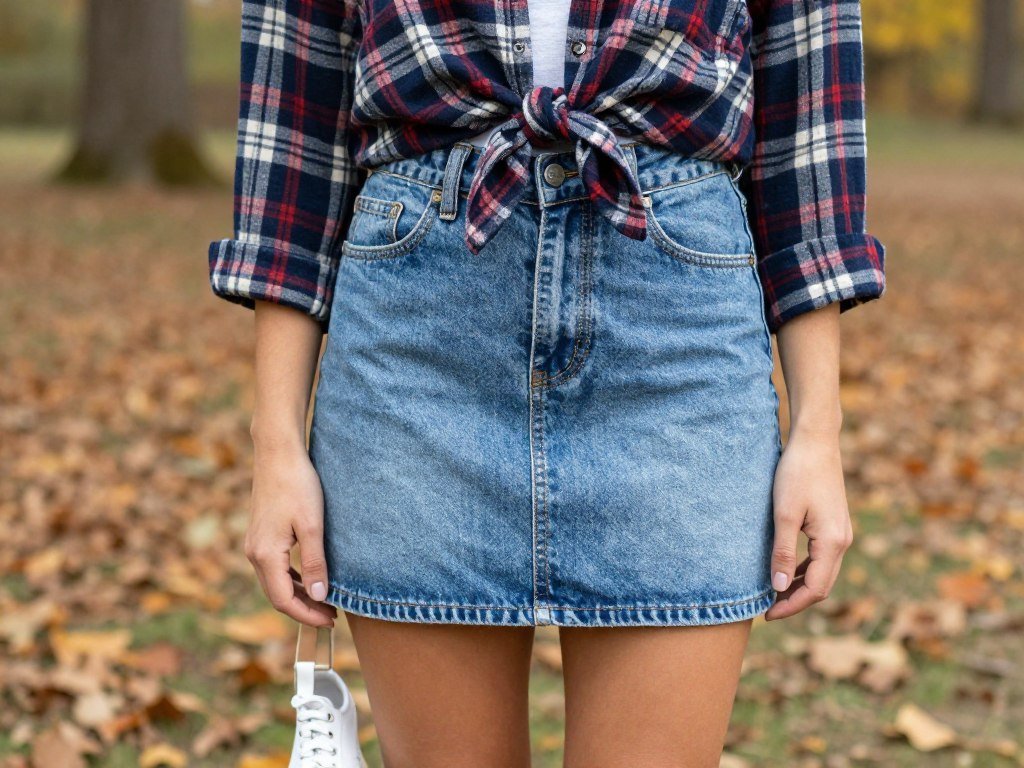 Woman wearing a jean skirt with a flannel shirt and white sneakers for a casual fall look