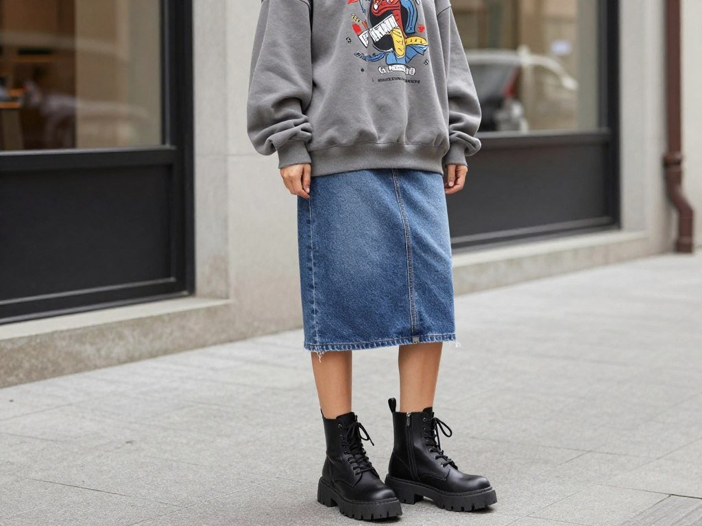 Woman wearing a jean skirt with a graphic sweatshirt and chunky combat boots for fall
