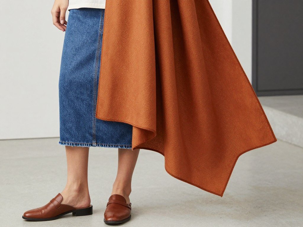 Woman wearing a jean skirt with a simple tee, large statement scarf, and mules for fall