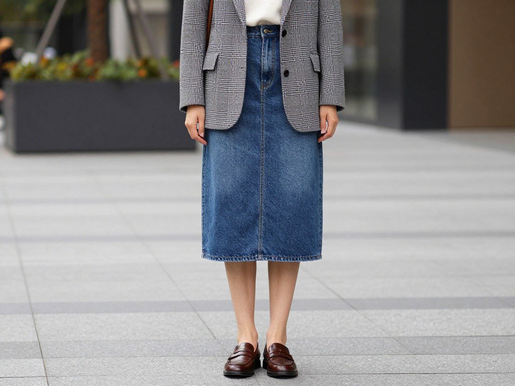 Woman wearing a jean skirt with a tailored blazer and loafers for a sophisticated fall look