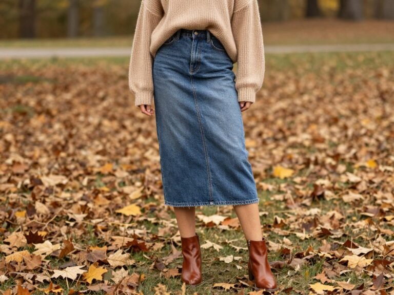 Woman wearing a jean skirt with an oversized chunky knit sweater and ankle boots for fall