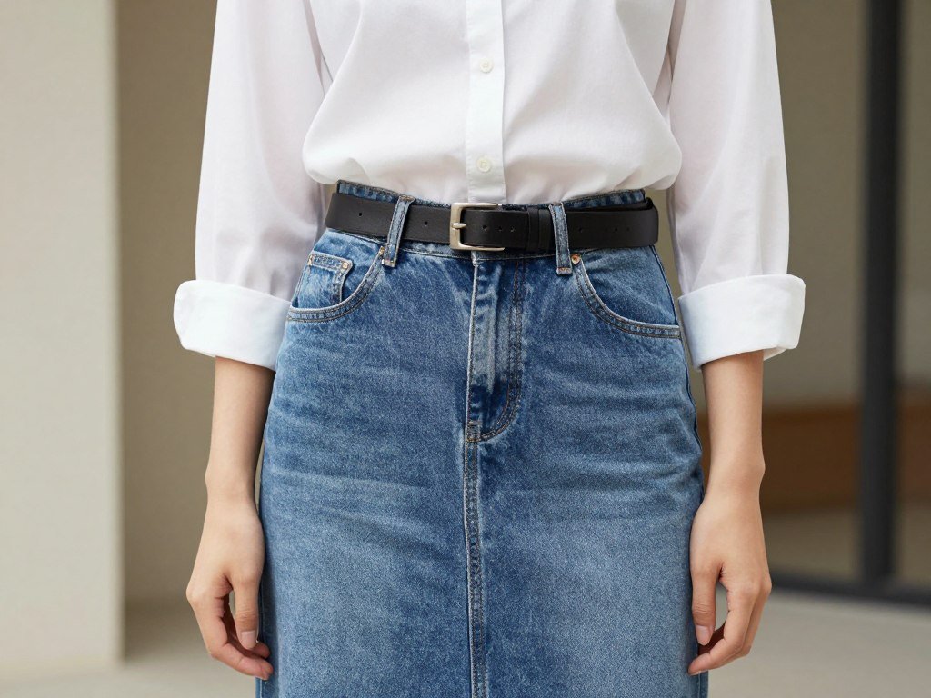 Woman wearing a jean skirt with button-down shirt and belt